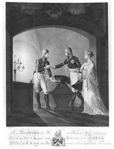 Near the ashes of Friederick II the Great of Prussia, Tsar Alexander I and King Friedrich Wilhelm III of Prussia swearing immortal friendship, at Potsdam in the night by Ulrich Ludwig Wolf